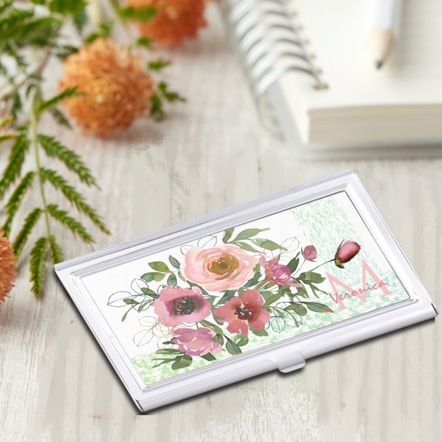 Pink white Roses  Business Card Case (Pink floral white business cardholder)