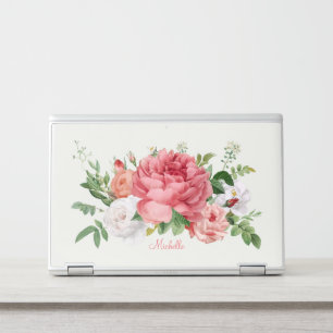 Pink White Roses Custom Name HP Laptop Skin