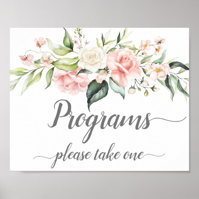 Pink White Roses Eucalyptus Wedding Programs Sign (Front)