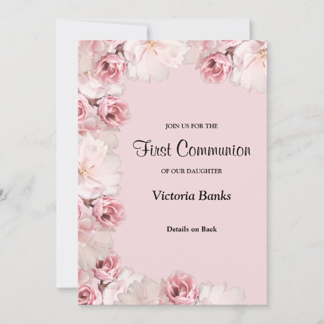 Pink/White Roses First Communion Invitation (Front)