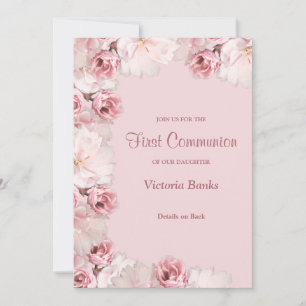 Pink/White Roses First Communion Invitation