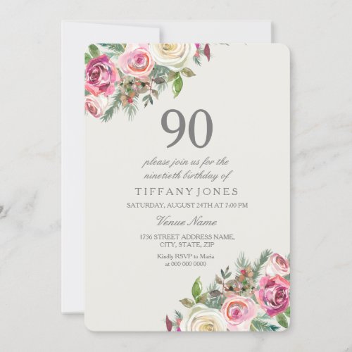 Pink  White Roses Floral 90th Birthday Invite