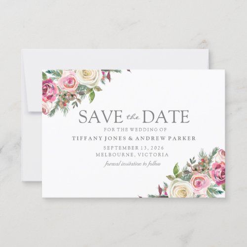 Pink  White Roses Floral Save The Date