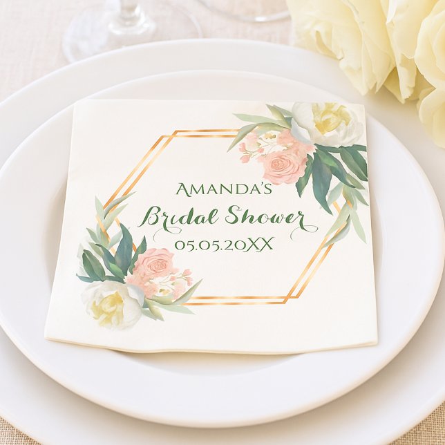 Pink White roses florals geometric Bridal Shower Napkins (Creator Uploaded)