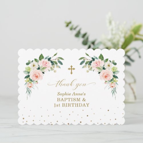 Pink White Roses Girl 1st Birthday Baptism   Thank You Card