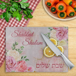 Pink White Roses on Marble Background Watercolor Cutting Board