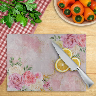 Pink White Roses on Marble Watercolor Cutting Board