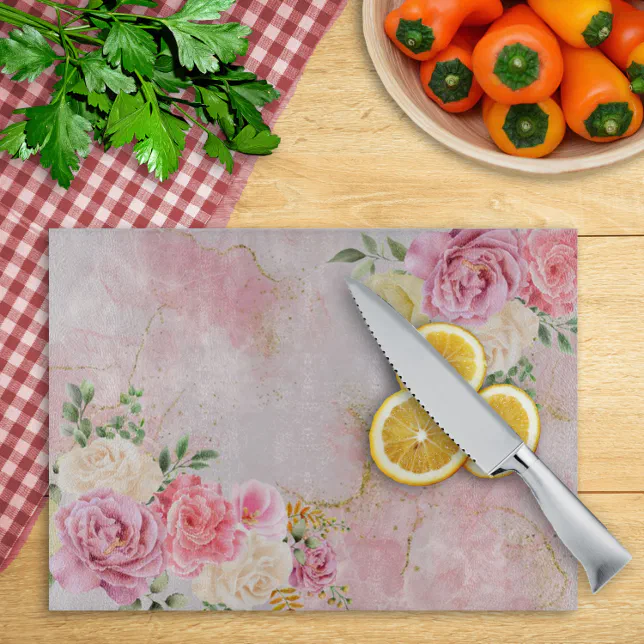 Discover Pink White Roses on Marble Watercolor Cutting Board