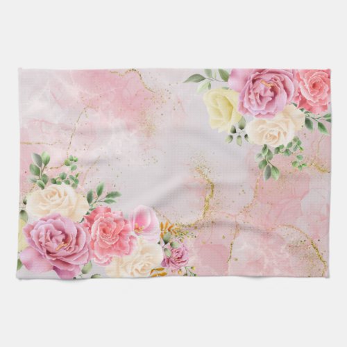 Pink White Roses on Marble Watercolor Kitchen Towel