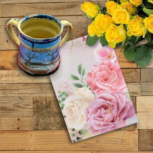 PInk White Roses on Marble Watercolor Shabbat Kitchen Towel (Creator Uploaded)