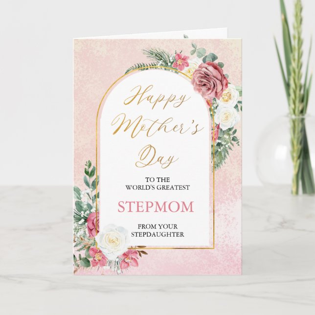 Pink White Roses Orchid Happy Mother's Day Stepmom Card (Front)