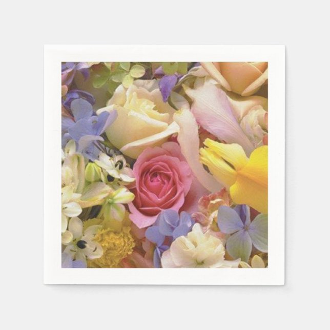 Pink, White Roses, Purple, Yellow Irises flowers Paper Napkins (Front)