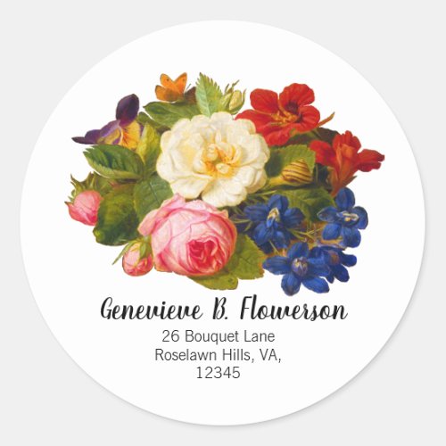 Pink White Roses Red Orange Blue Floral Butterfly Classic Round Sticker