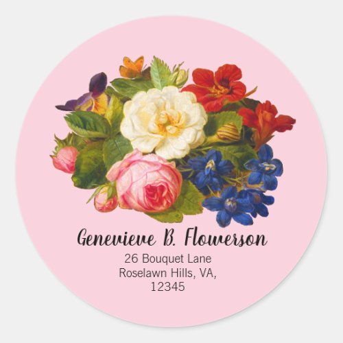 Pink White Roses Red Orange Blue Floral Butterfly Classic Round Sticker