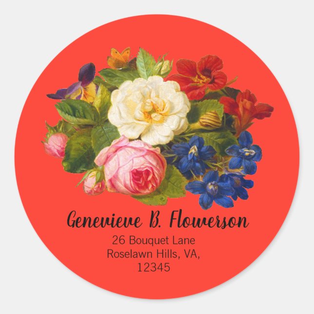 Pink White Roses Red Orange Blue Floral Butterfly Classic Round Sticker (Front)