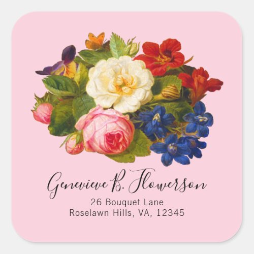 Pink White Roses Red Orange Blue Floral Butterfly  Square Sticker