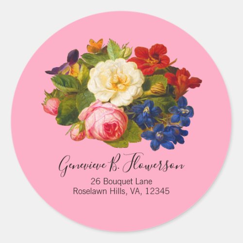 Pink White Roses Red Orange Blue Script Butterfly  Classic Round Sticker