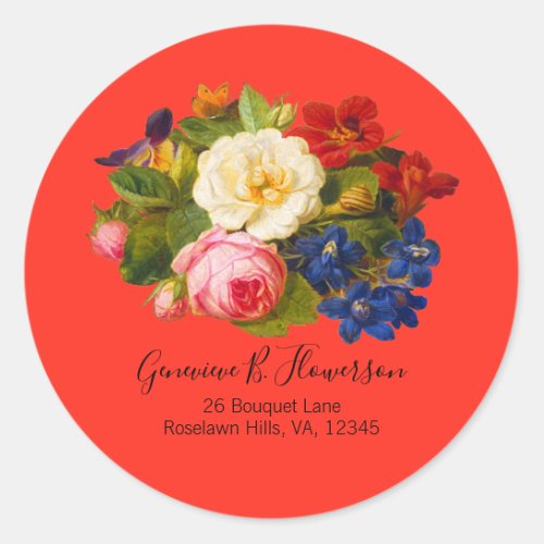 Pink White Roses Red Orange Blue Script Butterfly Classic Round Sticker