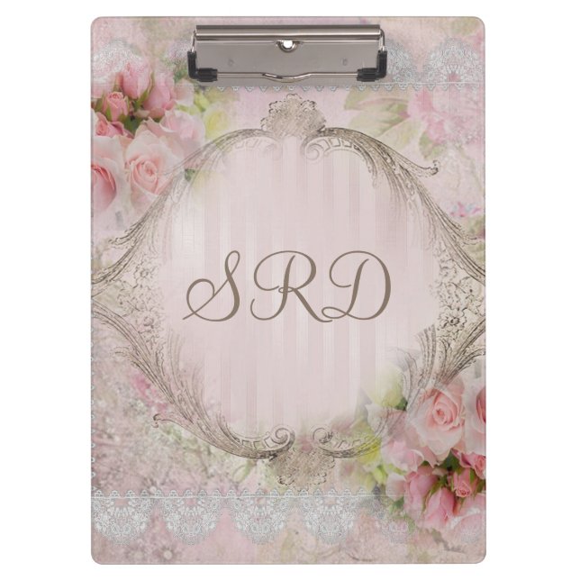 Pink & White Roses Victorian lace gold frame Clipboard (Front)
