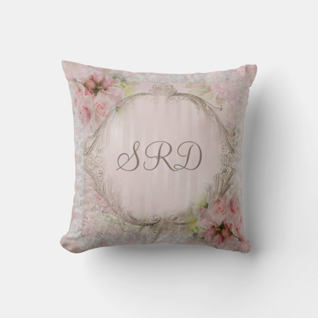 Pink & White Roses Victorian lace gold frame Throw Pillow (Front)