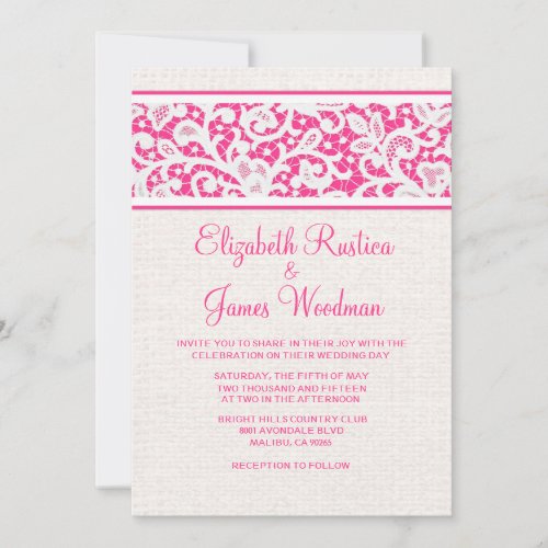 Pink White Rustic Burlap Linen Wedding Invitations