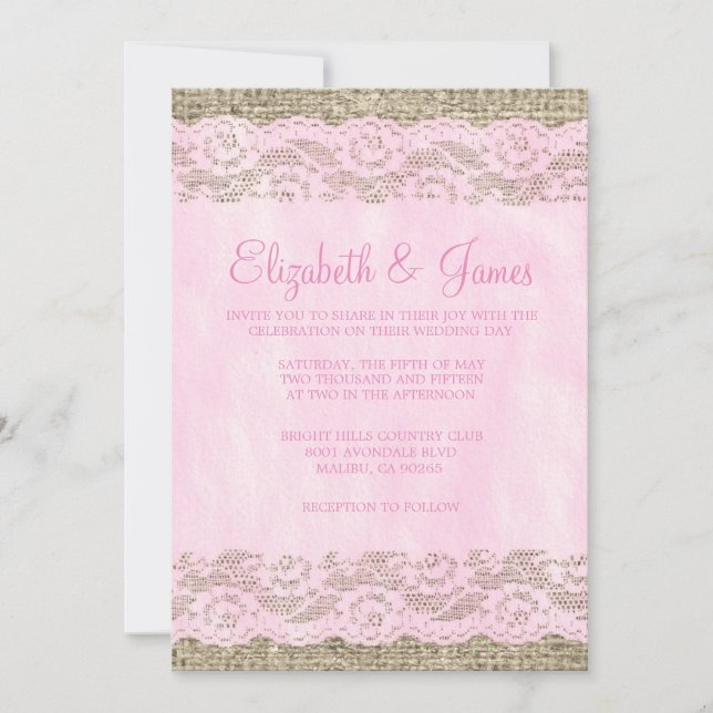 Pink & White Rustic Lace Wedding Invitations (Front)