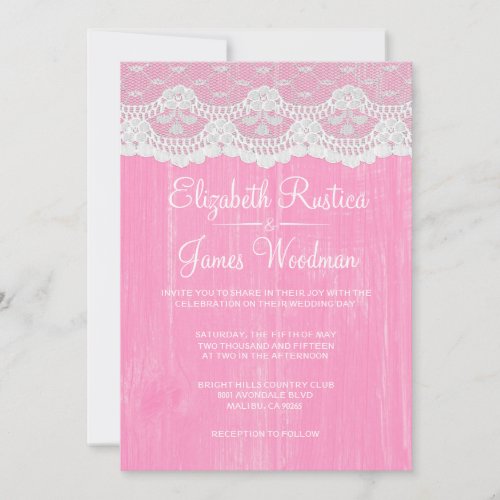 Pink White Rustic Lace Wood Wedding Invitations