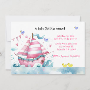 Pink White Sailboat Baby Girl Shower Invitation