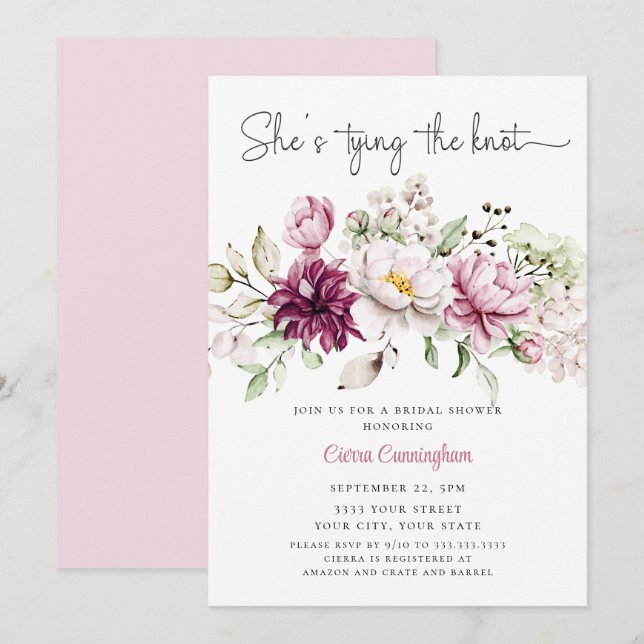 Pink White She's Tying the Knot  Floral Bridal  Invitation (Front/Back)