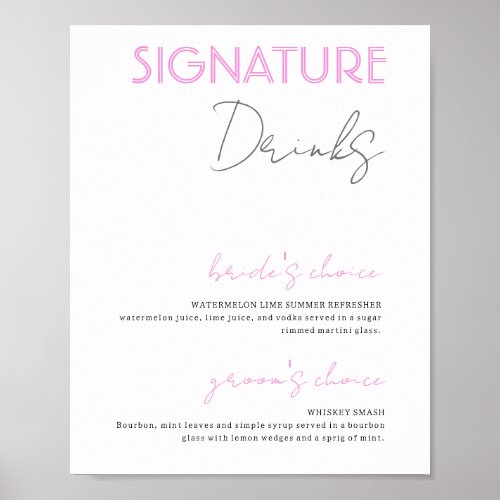 Pink  White Signature Drinks Wedding Bar Poster