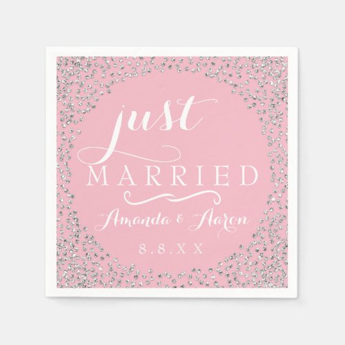 Pink White Silver  Confetti Wedding Just Married Napkins