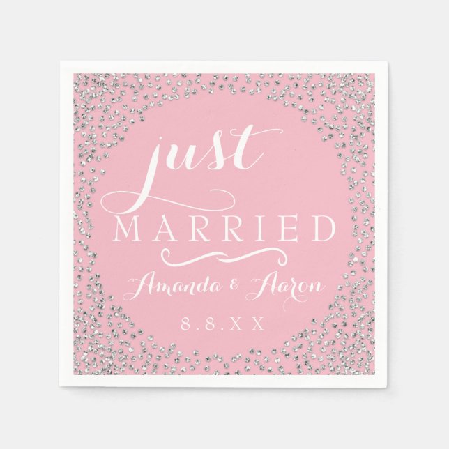Pink White Silver  Confetti Wedding Just Married Napkins (Front)
