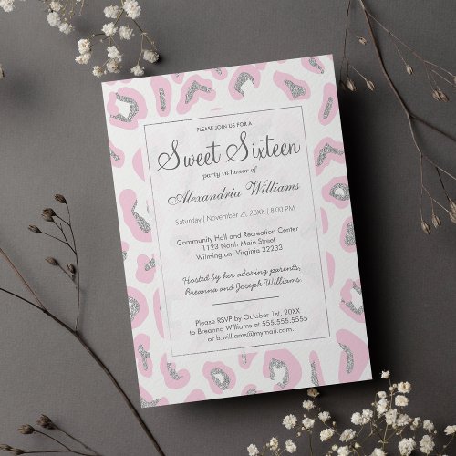 Pink white silver glitter leopard print Sweet 16 Invitation