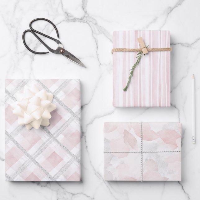 Pink White Silver Glitter Rose Petals Wedding Wrapping Paper Sheets (Front)