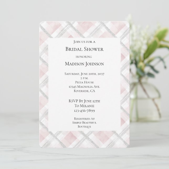 Pink White Silver Glitter Squares Bridal Shower Invitation (Standing Front)