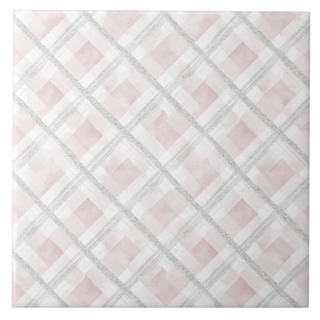 Pink White Silver Glitter Squares Ceramic Tile (Front)