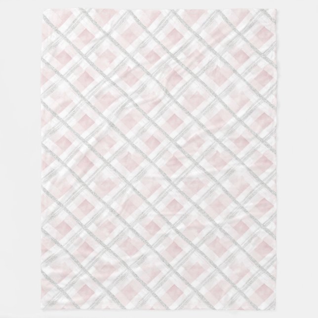Pink White Silver Glitter Squares  Fleece Blanket (Front)