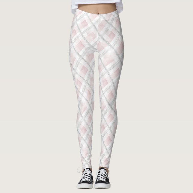Pink White Silver Glitter Squares Leggings (Front)