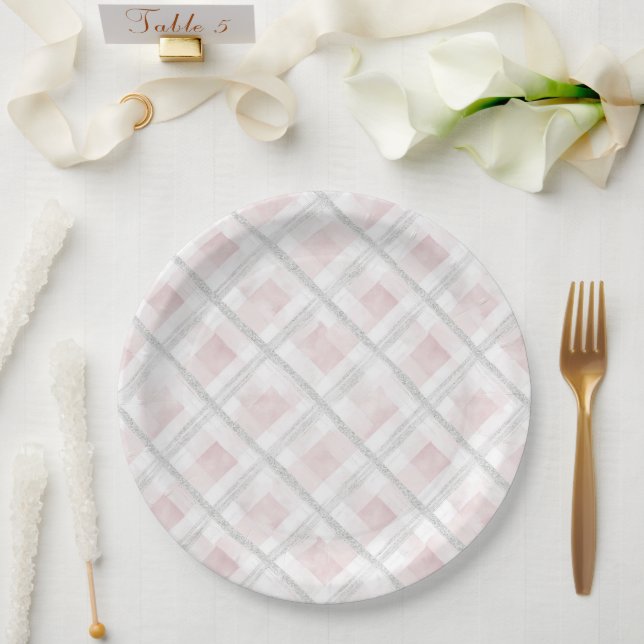 Pink White Silver Glitter Squares Wedding Paper Plates (Wedding)