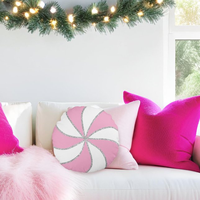 Pink White Silver Peppermint Gingerbread Snowflake Round Pillow (Creator Uploaded)