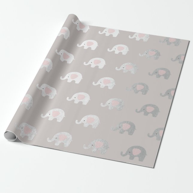 Pink White Silver Princess Elephant New Baby Wrapping Paper (Unrolled)