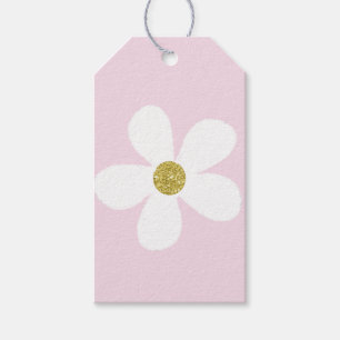 Pink White Simple Daisy Gold Gift Tags