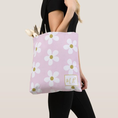 Pink White Simple Daisy Gold Monogram Tote Bag