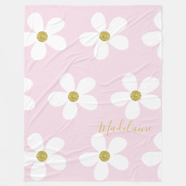Pink White Simple Daisy Pattern Gold Personal Fleece Blanket (Front)