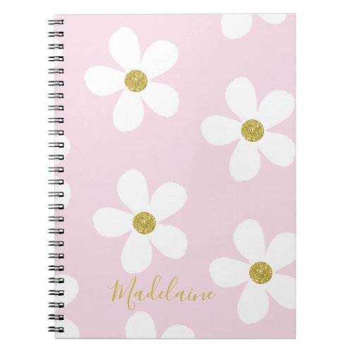 Pink White Simple Daisy Pattern Gold  School Notebook
