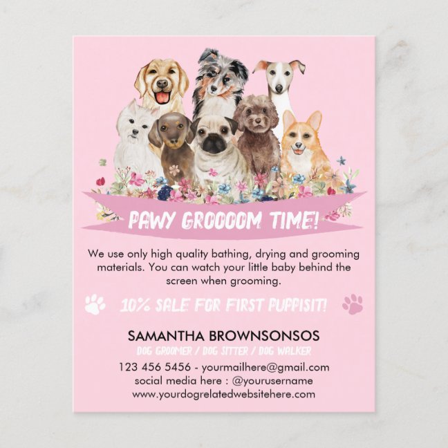 Pink White Simple Floral Illustrated Dog groomer Flyer