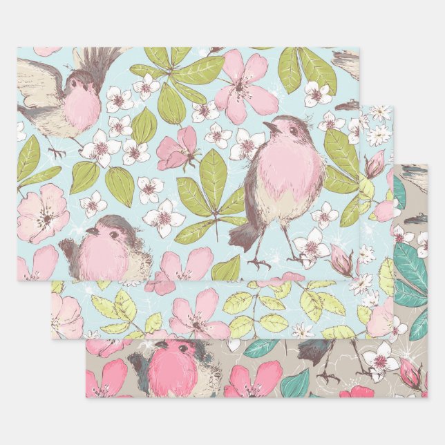 Pink White Simple Flowers and Birds Greenery Wrapping Paper Sheets (Set)