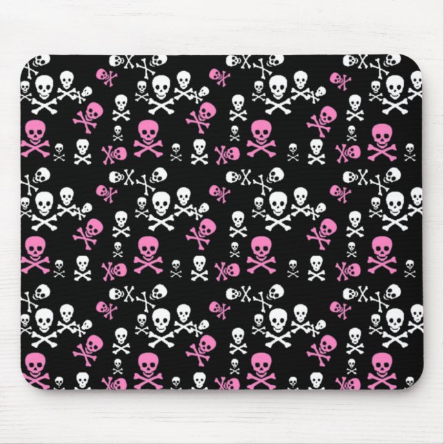 Pink & White Skull & Crossbones Black Mouse Pad (Front)