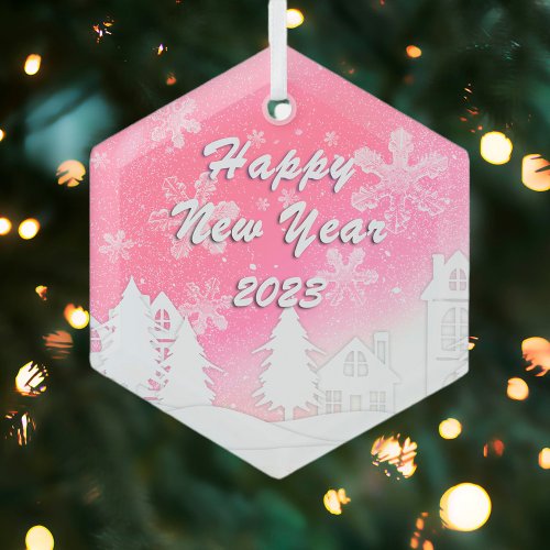 Pink White Snow House Happy New Year 2023  Glass Ornament