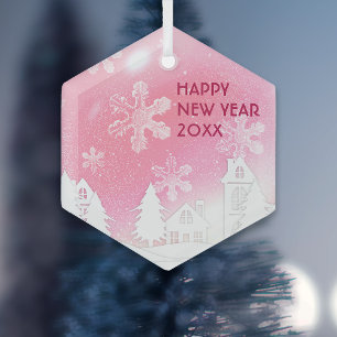 Pink White Snow House Happy New Year Glass Ornament